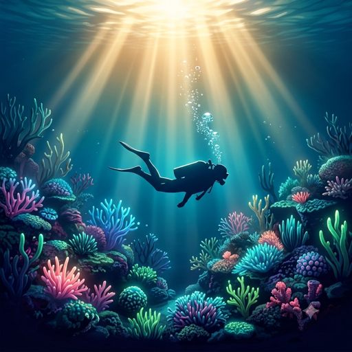 The Deeplife app icon: a diver silhouetted against sunlit water above a bioluminescent coral reef.